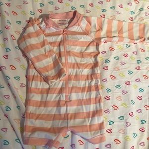 Hanna Andersson pink striped rash guard romper suit 6-12 months